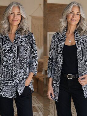 Green Dog Black & White Floral Patchwork Blouse – Size 1X – Button‑Up or Layered